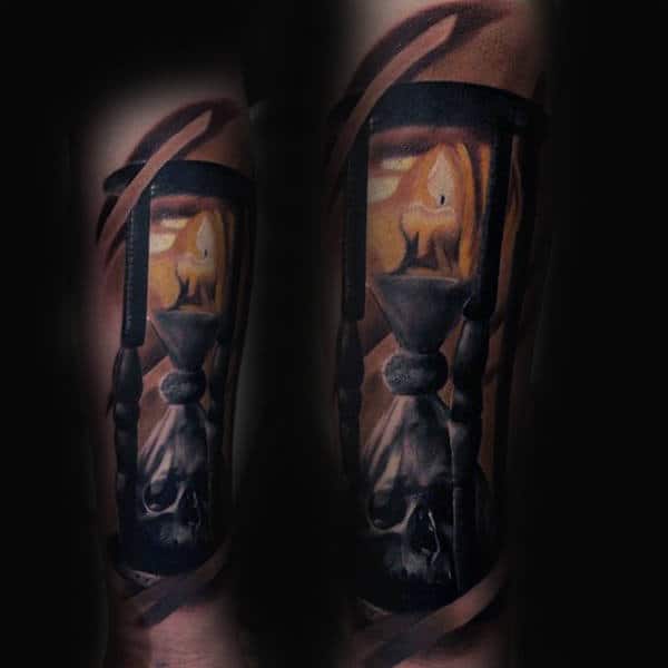 Candle Burning Fire Tattoo With Hourglass For Men