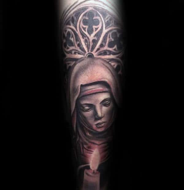 Candle Light Virgin Mary Mens Church Window Sleeve Tattoos