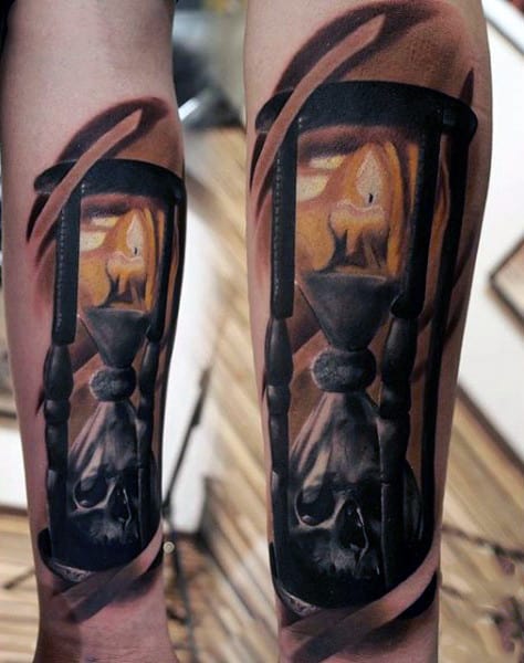 Candle With Skull In Hourglass Design For Mens Tattoos