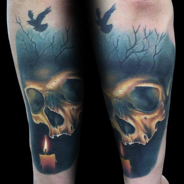 Candle With Skull In Woods Realistic Mens Forearm Tattoo