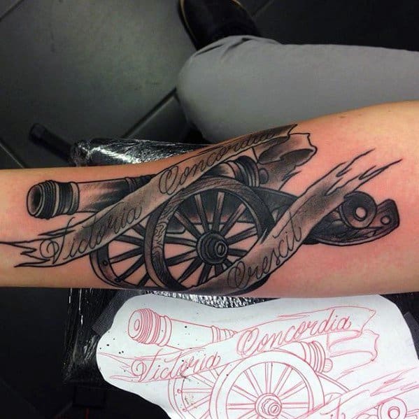 Cannon Tattoo Ideas For Males On Inner Forearm With Banner Design