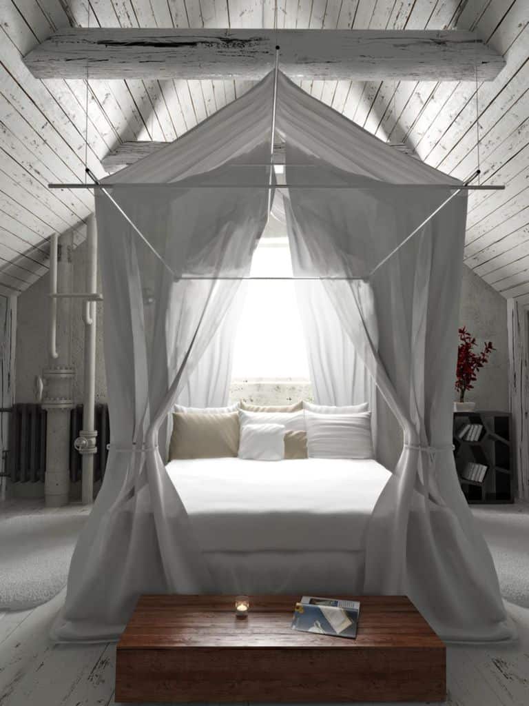 white attic bedroom canopy curtains 