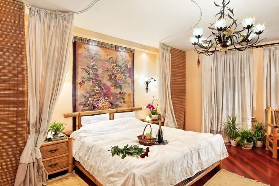 bamboo bed canopy curtains chandelier