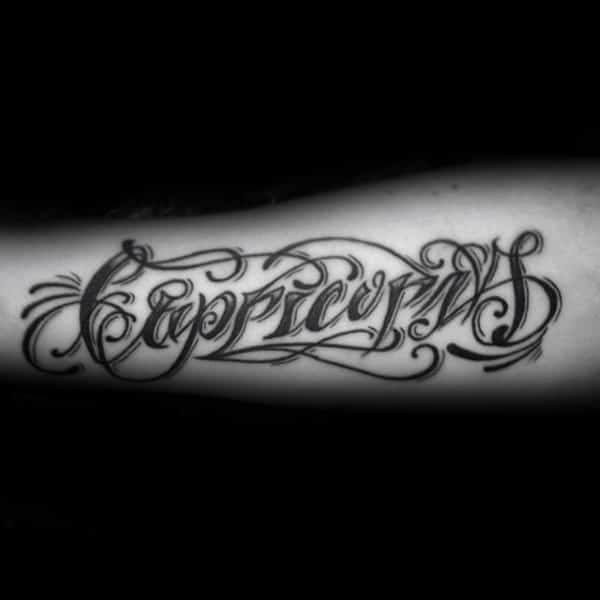 Capricorn Lettering Mens Word Tattoos On Inner Forearms