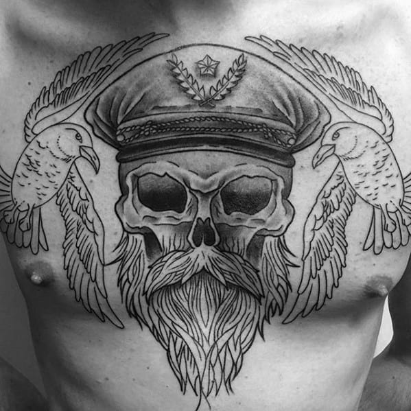 Captain Skull With Seagulls Mens Old School Upper Chest Tattoos