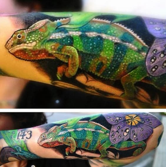Captivating Green Lizard And Purple Flower Tattoo Mens Forearms