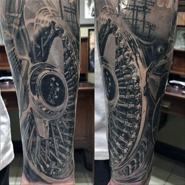 Car Rim Spokes Hyper Realistic Guys Forearm Sleeve Tattoo