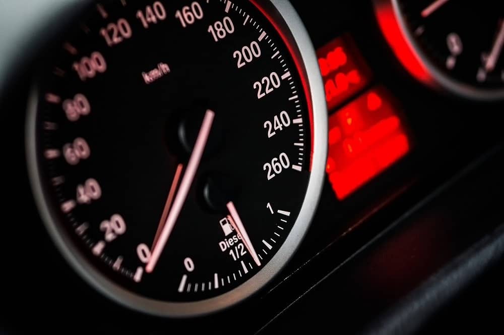 close up shot of a cars speedometer, resting at 0