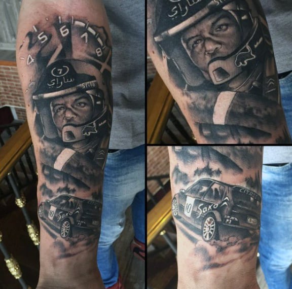 Tattoo of a race car driver wearing a helmet, with speedometer and racing car elements on a forearm