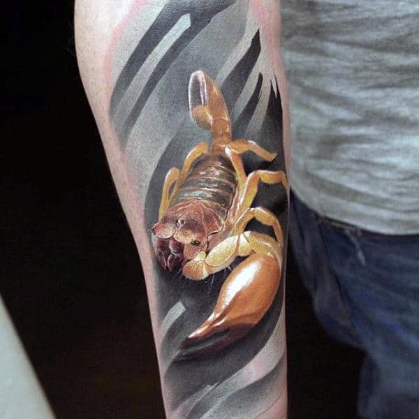 Caramel Colored Scorpion Tattoo On Arms For Guys
