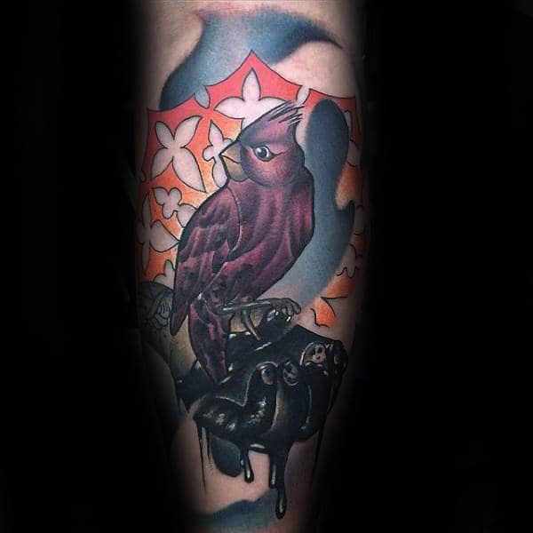 Cardinal Bird Sitting On Black Paint Hand Mens Abstract Leg Tattoos