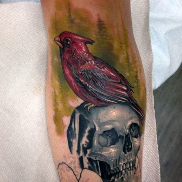 Cardinal Sitting On Top Of Grey Shaded Skull Mens Arm Tattoo