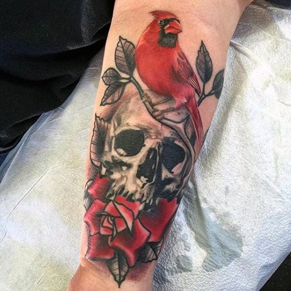 Cardinal With Skull And Rose Flower Mens Forearm Tattoo