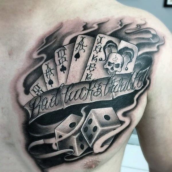 Cards And Dice With Banner Tattoo Mens Chest