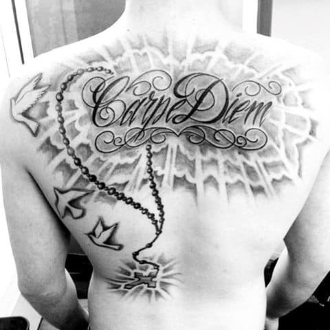 Carpe Diem With Rosary And Doves Religious Mens Back Tattoos