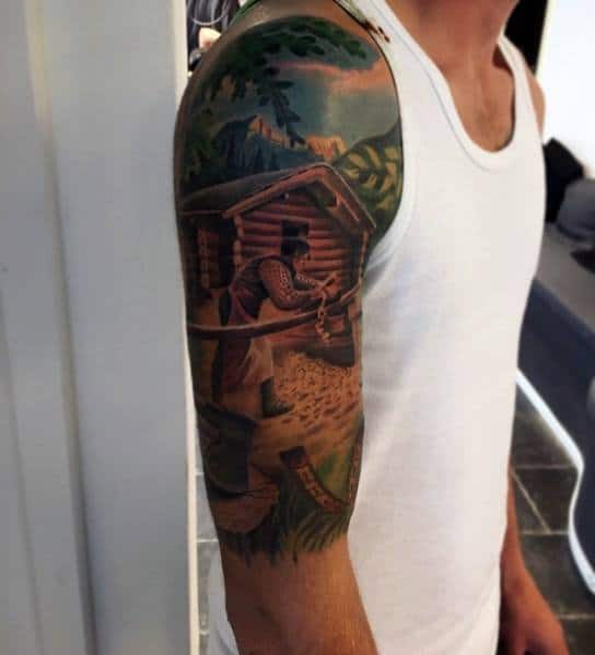 Colorful tattoo sleeve depicting a carpenter working on a log cabin in a scenic mountain setting, symbolizing craftsmanship and tradition.