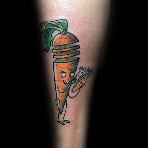 Playful cartoon-style carrot tattoo on the leg, featuring a spiral-cut design, animated face, and a slice of pizza for a fun and quirky look.