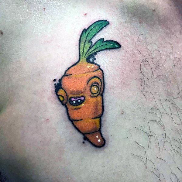 Colorful cartoon-style carrot tattoo with a playful face, bold outlines, and vibrant green leaves for a fun and quirky design.