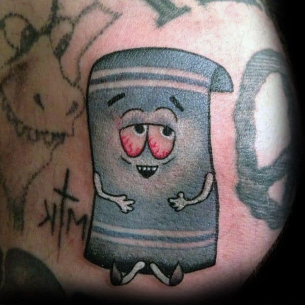 Tattoo of Towelie from South Park with red eyes and a relaxed expression, capturing his classic stoner vibe in cartoon style.