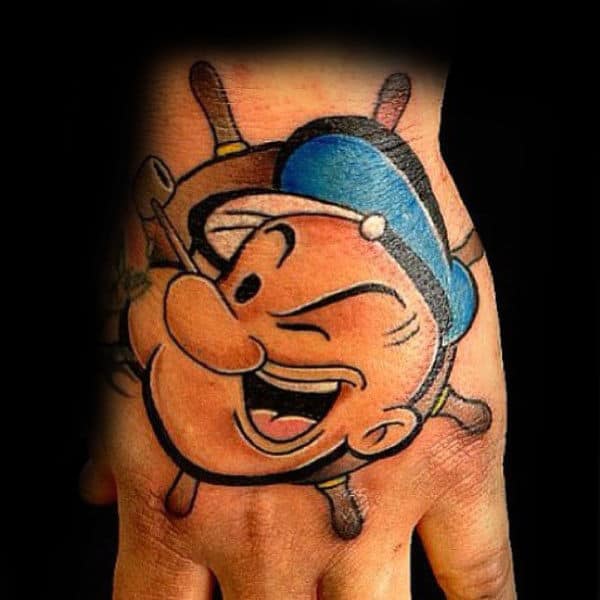 Cartoon Popeye Mens Hand Tattoos