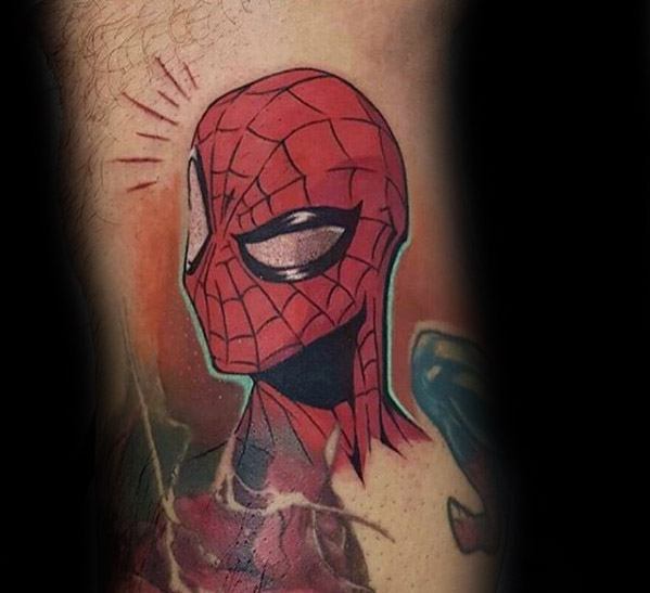 Striking tattoo of Spider-Man with a glowing outline, detailed web pattern, and a dramatic background showing his Spidey-sense tingling.