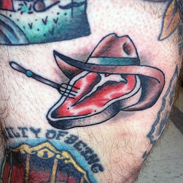 Cartoon Style Neo American Traditional Steak Wearing Cowboy Hat Mans Tattoo