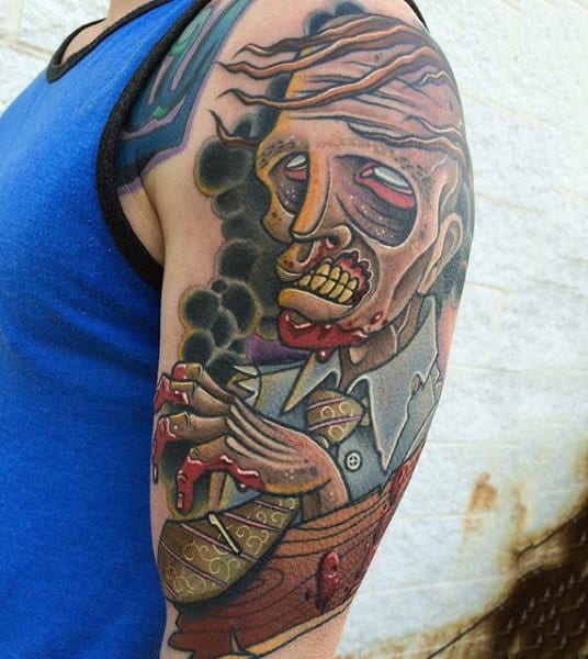 Cartoon Style Zombie Mens Half Sleeve Tattoo Ideas
