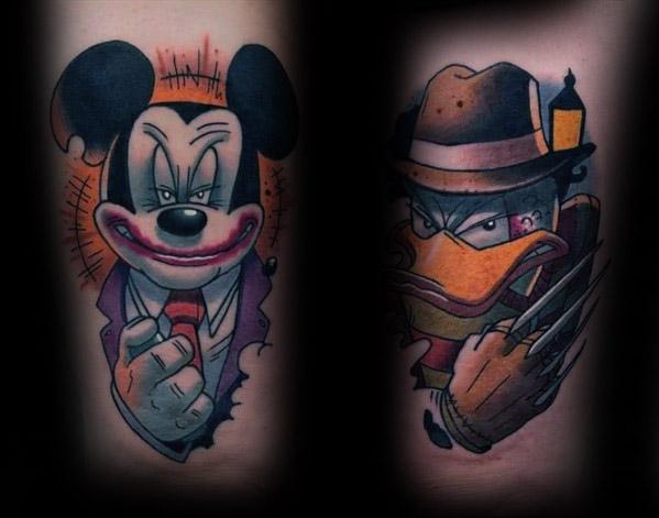 Dark and edgy tattoo duo featuring Mickey Mouse as the Joker and Daffy Duck as Freddy Krueger, with intense expressions and gritty shading.
