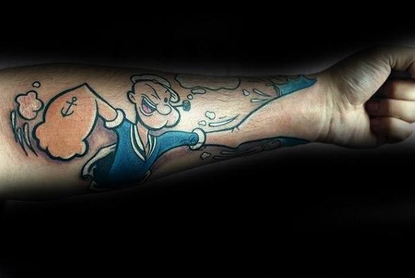 Popeye tattoo design on forearm where the character's arm blends seamlessly with the person's actual arm for a 3D effect.