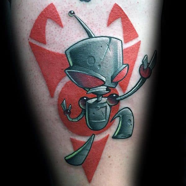 Tattoo of GIR from Invader Zim in his robot form, striking a playful pose over a bold red Irken symbol background.
