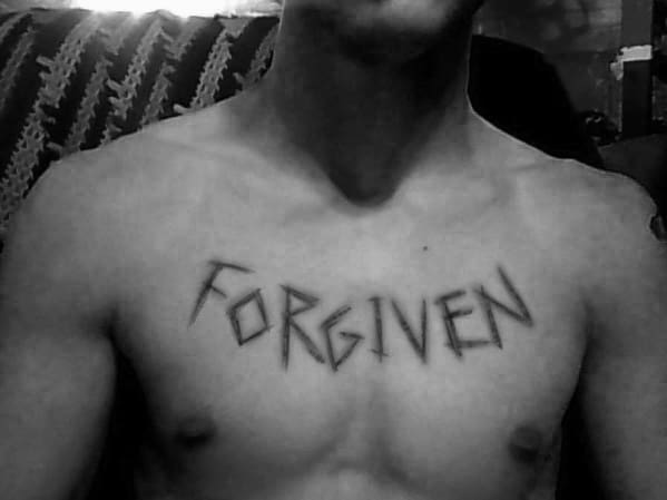 Carved Forgiven Mens Word Upper Chest Tattoos
