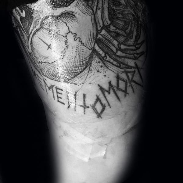 Carved Memento Mori With Skull And Skeleton Hands Guys Thigh Tattoo