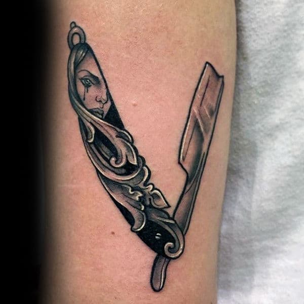 Carved Tear Stained Face Of Young Girl Straight Razor Tattoo Male Forearms
