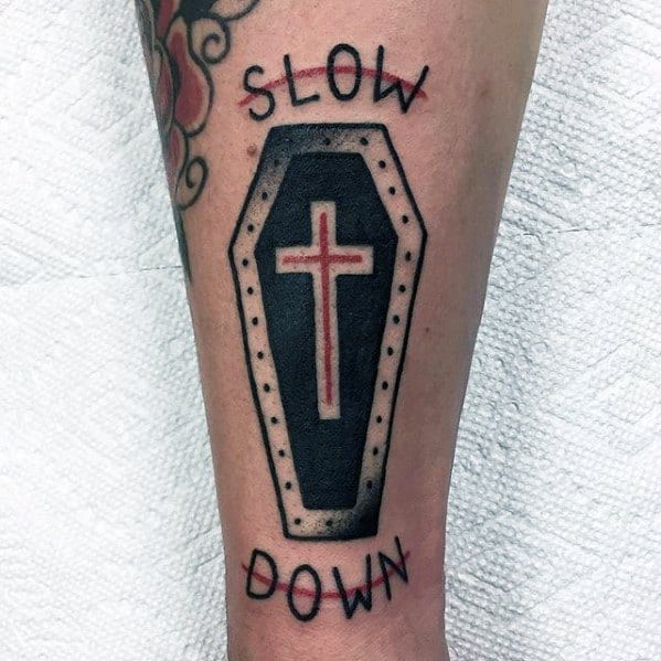 Casket With Cross Mens Old School Simple Christian Leg Tattoo