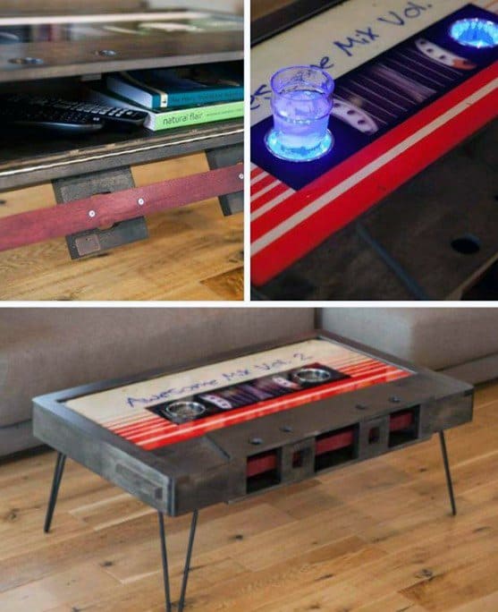 Retro cassette tape coffee table with LED cup holders and metal legs on a wooden floor