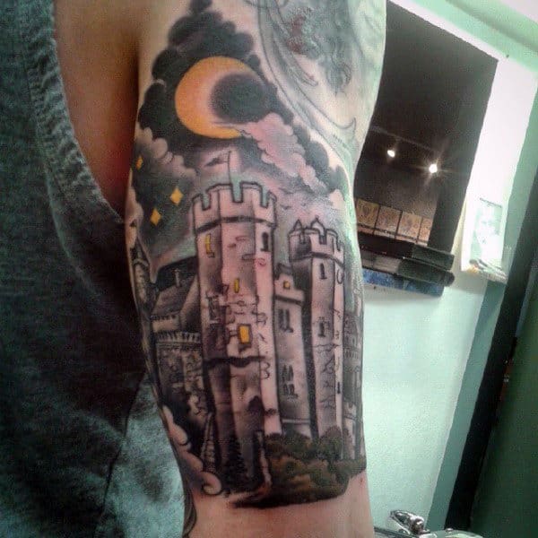 Castle At Night With Half Moon Mens Half Sleeve Tattoo