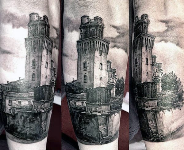 Castle Building Mens Forearm Tattoo