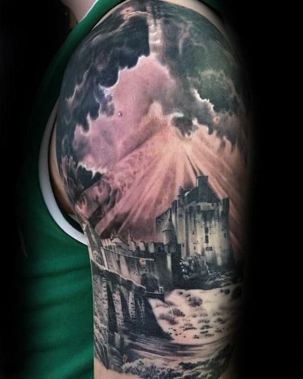 Castle Landscape Mens Cloudy Sky Half Sleeve Tattoo Designs
