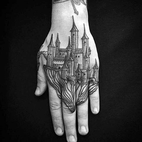 Castle Woodcut Mens Hand Tattoos