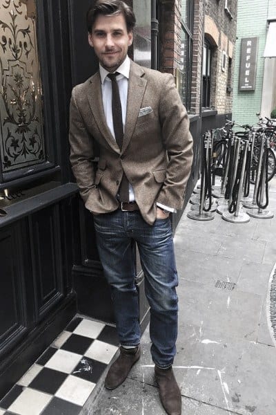 Casual Wear Male Style Tan Blazer With Jeans
