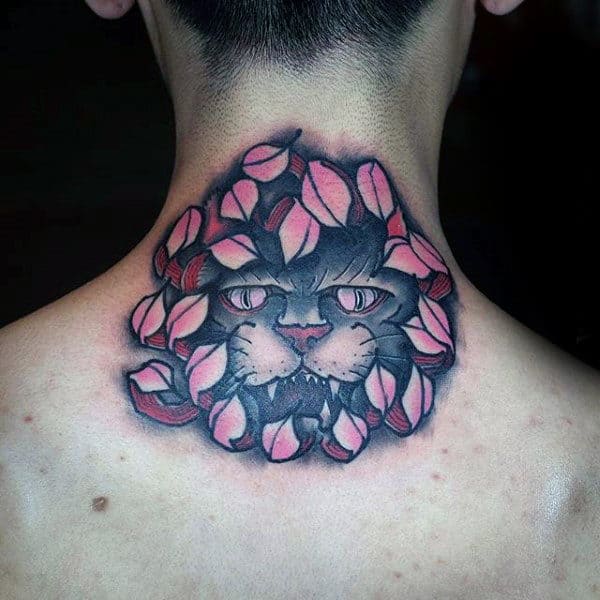 Cat Chrysanthemum Flower Mens Upper Back Tattoo