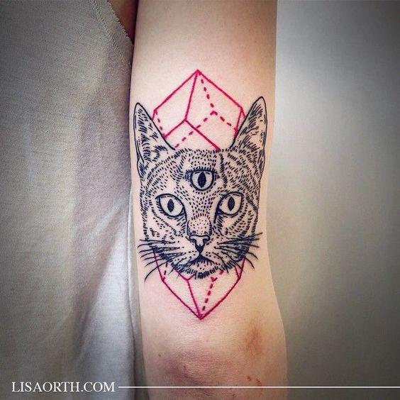 Tattoo of a cat with a third eye, created with dotwork shading, overlaid on a red geometric shape, inked on the forearm.