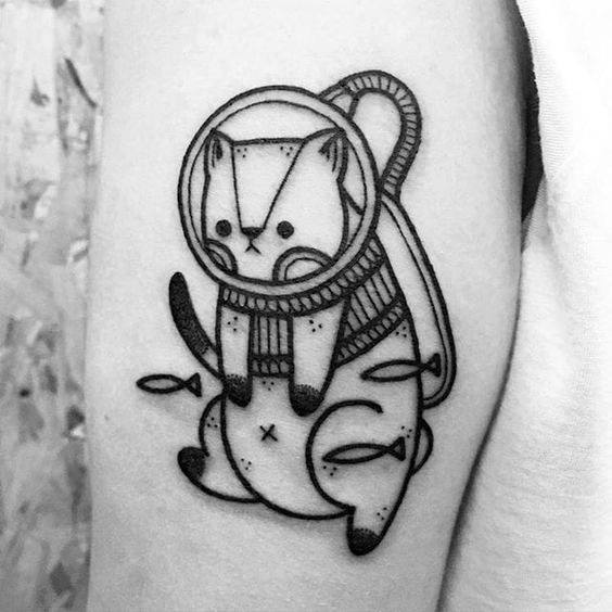Whimsical blackwork tattoo of a cat in a space suit, floating with fish around it, creating a playful and cosmic design.