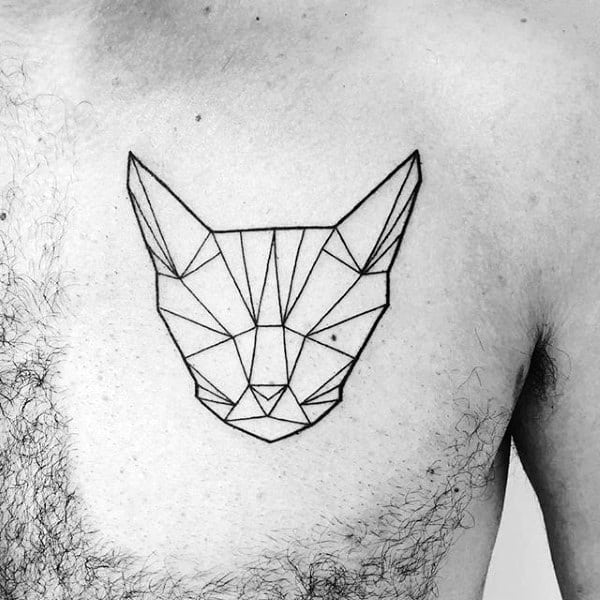 Geometric cat tattoo on a man's chest
