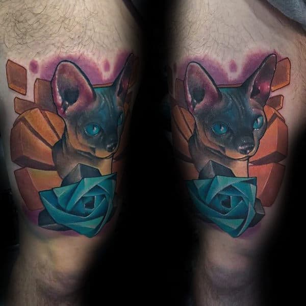 Cat With Blue Rose Flower Mens Origami 3d Tattoo On Thigh For Men