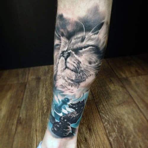 Cat With Chessboard Watercolor Forearm Male Sleeve Tattoo Ideas