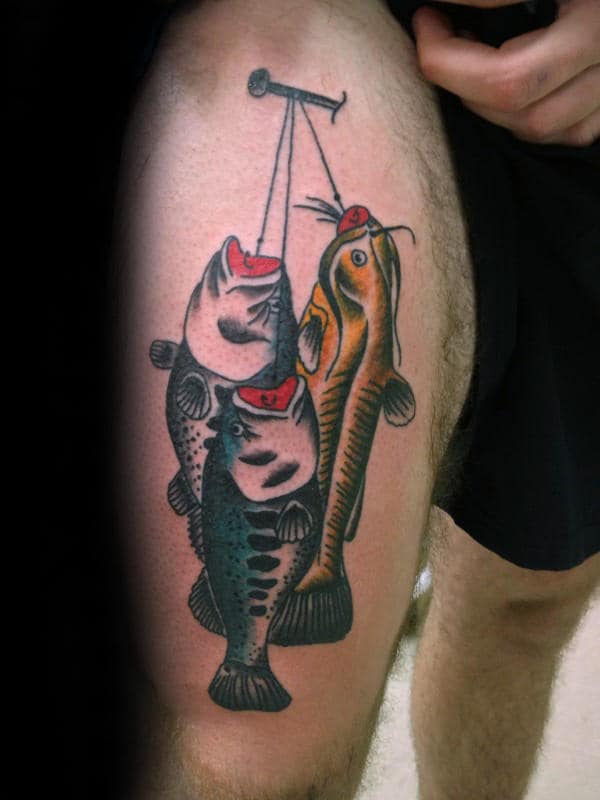 Catfish On Hooks Mens Thigh Tattoos