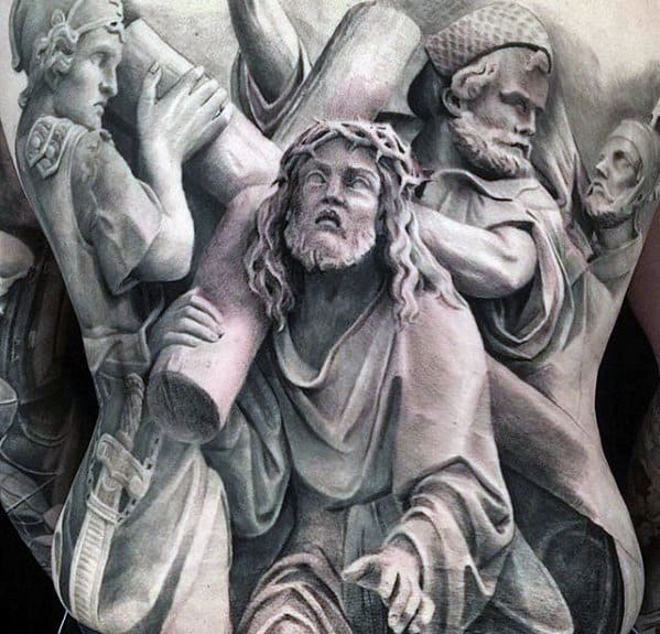 Catholic 3d Jesus Bearing Cross Mens Full Back Tattoo