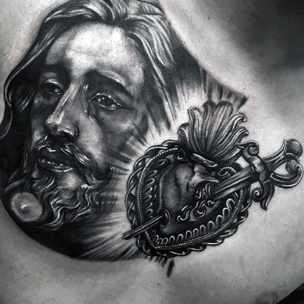 Catholic Jesus Portrait With Heart Mens 3d Chest Tattoo