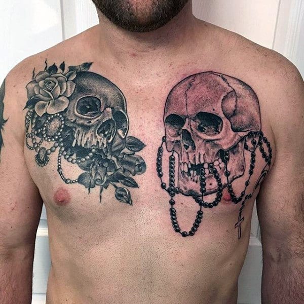 Catholic Rosary Tattoo Designs For Guys On Chest With Skulls